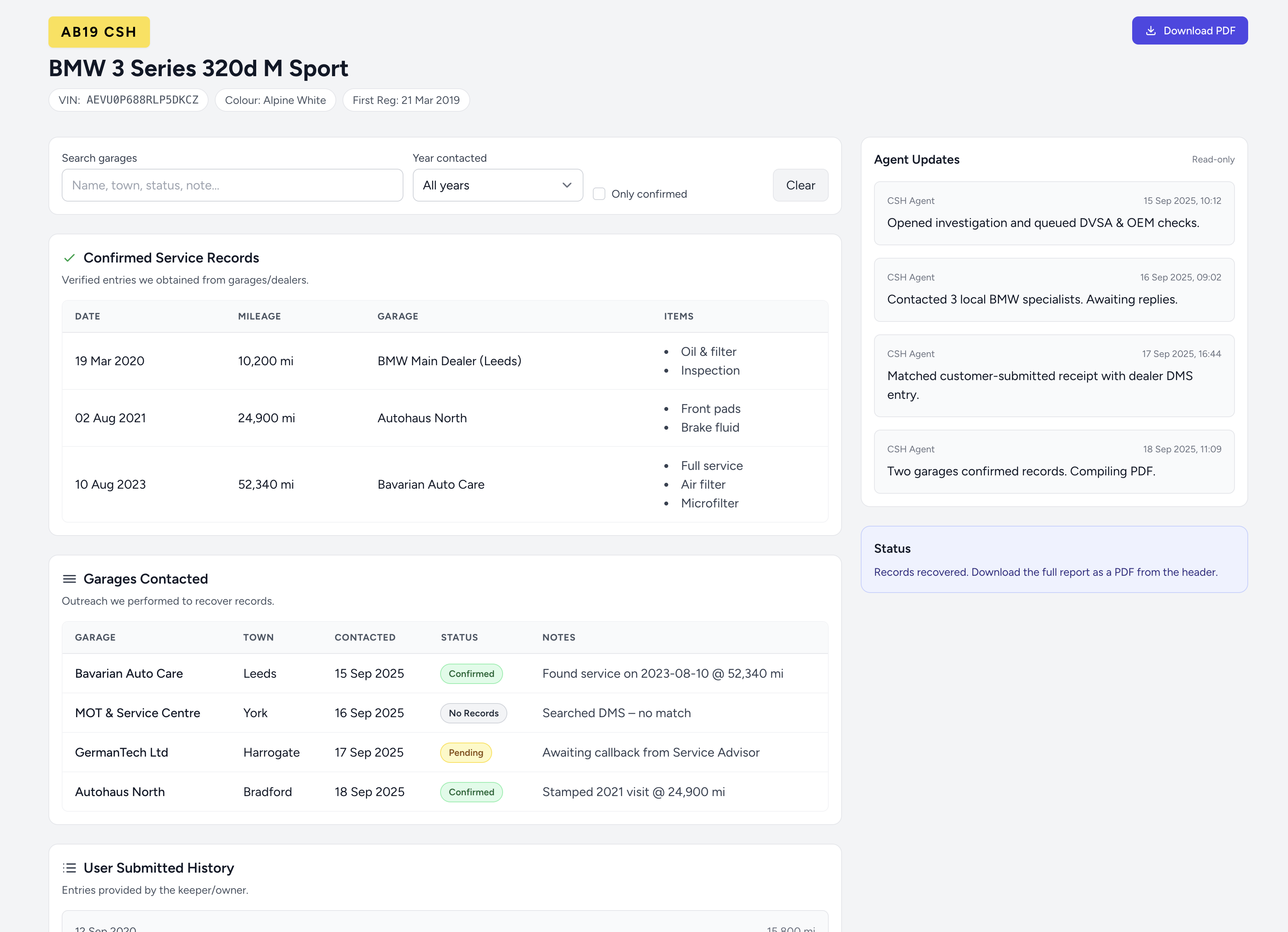 Demo service history report from FindMyCarHistory.com showing verified service entries, mileage timeline, and outreach log